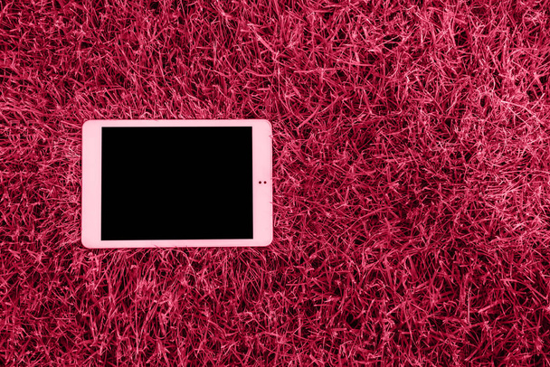 Viva Meganta toned red magenta top view of white tablet pc lying on grass. Digital technology concept. Black touchpad screen display Mock up. Trendy color of the year 2023. Fashion color pattern - 写真・画像