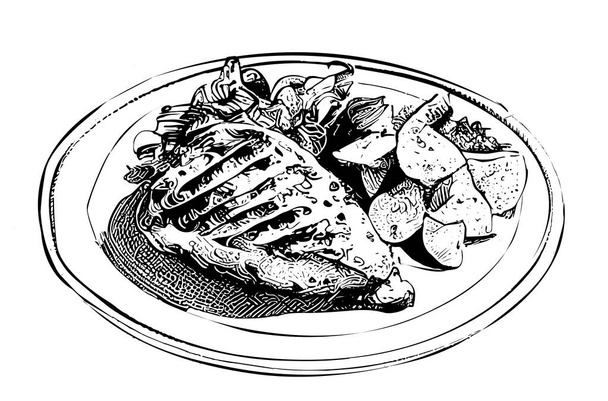 Гриль курица с картофелем ручной гравировки эскиз Ресторан бизнес-концепция векторная иллюстрация. - Вектор,изображение