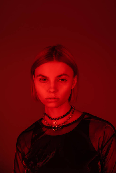 ブルゴーニュの背景に赤い光のカメラを見るネックレスの若い女性の肖像画 - 写真・画像