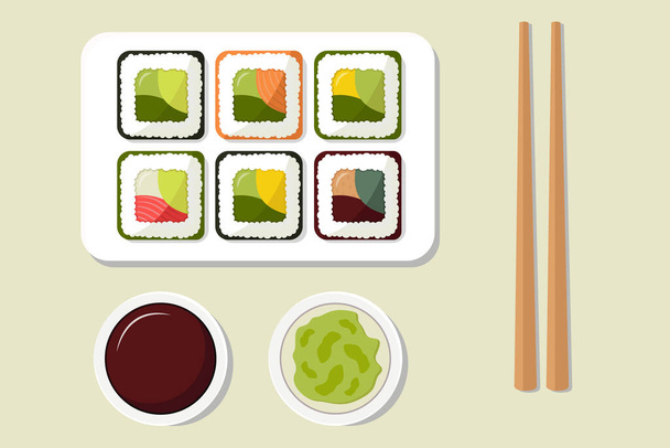 Sushi set on plate with soy sauce and vasabi . Flat style illustration - asian food - Vettoriali, immagini