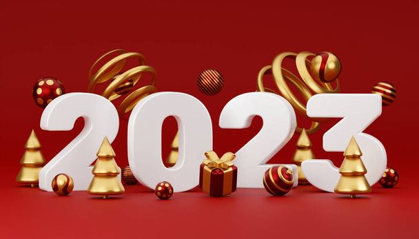 С Новым 2023 годом золотой дизайн с подарочной коробкой и мячом. Декоративные элементы Холидей на красном фоне. 3D-рендеринг. - Фото, изображение