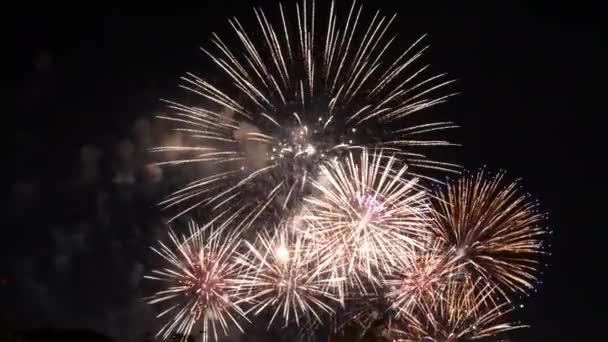 4K Silvesterfeuerwerk feiert echtes Feuerwerk Hintergrund. Golden Multicolor Abstract Glühende Glühende Bokeh Feuerwerk im Nachthimmel Konzept Frohe Weihnachten und ein gutes neues Jahr 2023. - Filmmaterial, Video