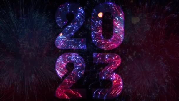 4K New Year's Eve Fireworks Celebrate Real Fireworks Background. Golden Multicolor Abstract Glowing Glowing Bokeh Fireworks Show In Night Sky Concept Merry Christmas and Happy New Year 2023. - Footage, Video