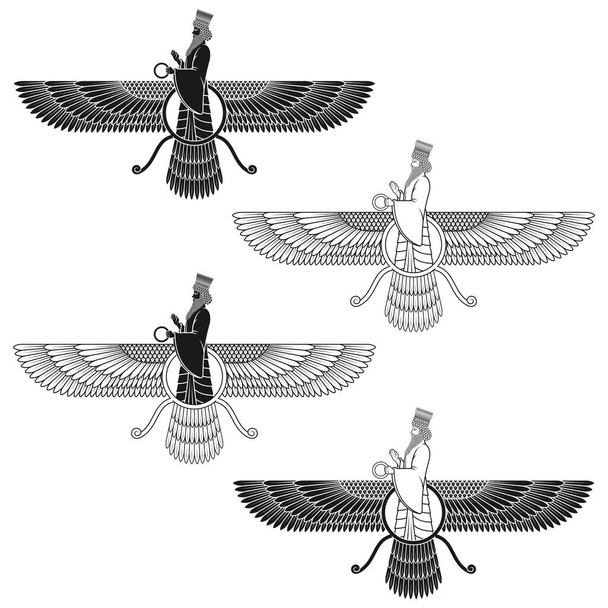 Zoroastrismo simbolo religioso silhouette vettoriale design, Faravahar simbolo silhouette - Vettoriali, immagini