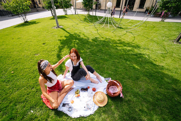 Two women having picnic together, sitting on the plaid on the lawn - Φωτογραφία, εικόνα