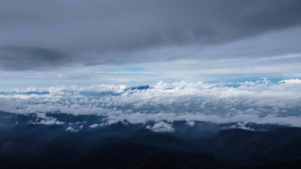 Luftaufnahme des Tropenwaldes mit Nebel am Morgen. Draufsicht von der Drohne auf wunderschönen tropischen Bergwald im Winter in Thailand. Hintergrund der natürlichen Landschaft. - Foto, Bild