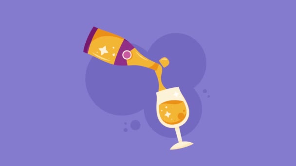 láhev šampaňského a pohár slavnostní nápoj, 4k video animované - Záběry, video