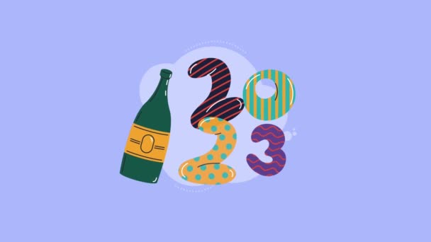 2023 frohes neues Jahr mit Champagnerflasche, 4k Video animiert - Filmmaterial, Video