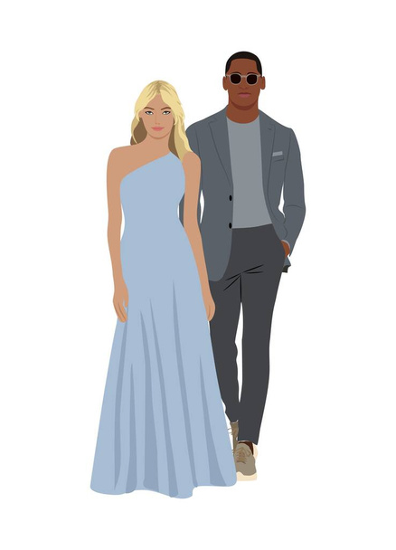 Beautiful multiracial couple wearing evening formal outfit for celebration, wedding, Christmas Eve or New Year party. Happy black man and blonde woman in luxury clothes. Vector illustration isolated. - Vector, Image