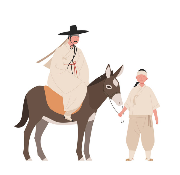 A régi koreai nemzet jelmezei, Joseon. Nemesek és szolgák szamarakon lovagolnak. kézzel rajzolt vektor illusztráció. - Vektor, kép