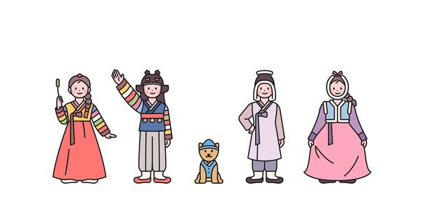 Joseon, egy régi koreai nemzet. Alapvető hanbokot viselő gyerekek és téli hanbokot viselő gyerekek. és kutyus. vázlat egyszerű vektor illusztráció. - Vektor, kép