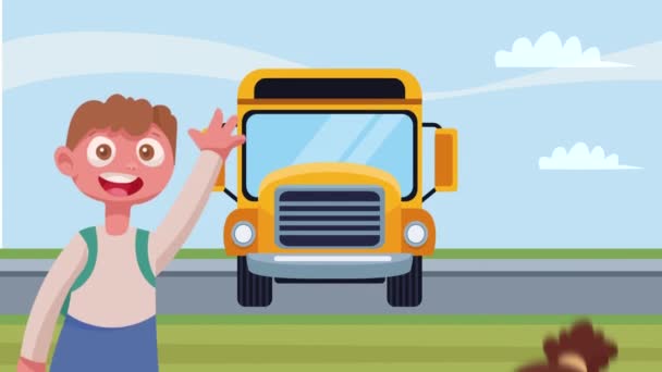 poco estudiantes pareja y autobús de animación, 4k video animado - Metraje, vídeo