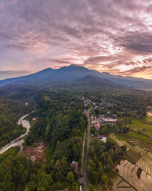 Sabahları Endonezya manzarası, bir pirinç tarlası köyünün atmosferi... - Fotoğraf, Görsel