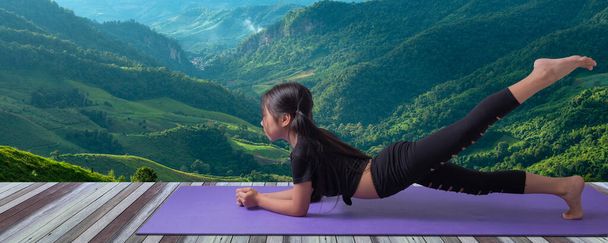 Nuori aasialainen tyttö liikunta luonnossa. lankku - Valokuva, kuva