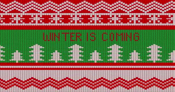 Ugly sweater animated video with Winter is Coming text. Animation of Winter knitted sweater pattern in red, white and green. - Footage, Video
