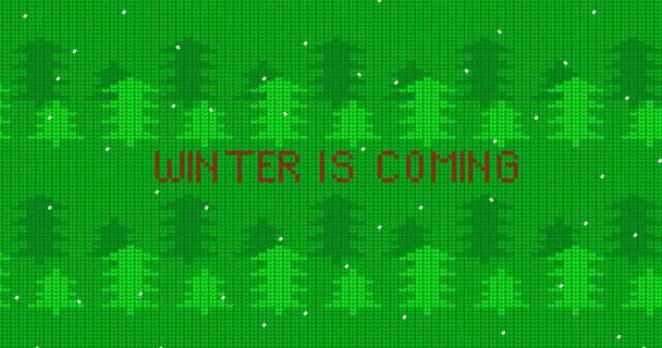 Green forest with snow and Winter is Coming text, ugly sweater. Christmas and New Year holidays season animated video. Animation of Winter knitted sweater pattern. - Footage, Video
