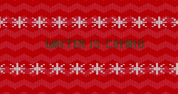 Kerstmis en Nieuwjaar feestdagen seizoen rood lelijke trui met witte sneeuwvlokken en de winter komt tekst. Animatie van Winter gebreide trui patroon. - Video