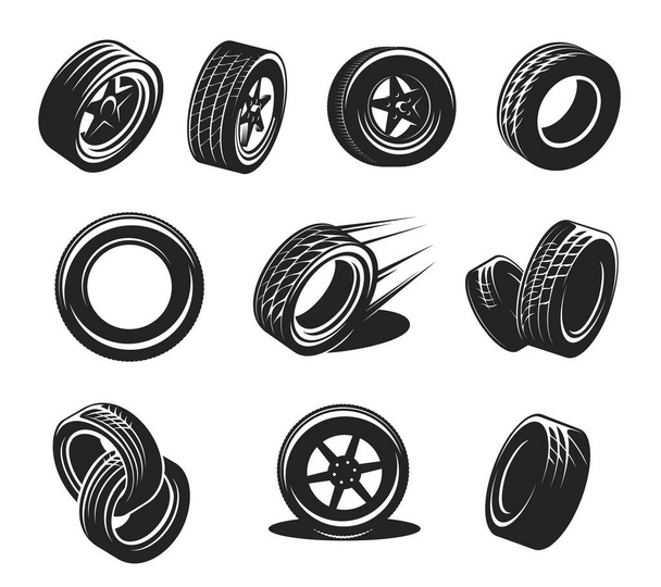 Car tyre icons, wheel tire, rim disk monochrome vector retro symbols. Automobile spare parts, repair service shop vintage graphic icons with vehicle, sport car rubber black tyres - Vector, Image