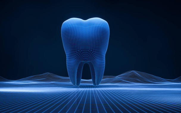 Zub s modrou digitální linií, 3D vykreslování. Digitální kresba. - Fotografie, Obrázek
