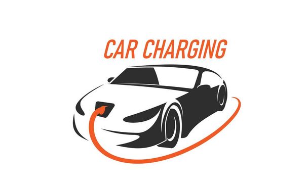 Elektrikli araba şarj servisi ikonu. EV veya hibrit araçlar şarj istasyonu veya bakım servis vektör sembolü, grafik simgesi veya şarj güç kablosu ile tıkalı modern elektrikli araba ile işaret - Vektör, Görsel