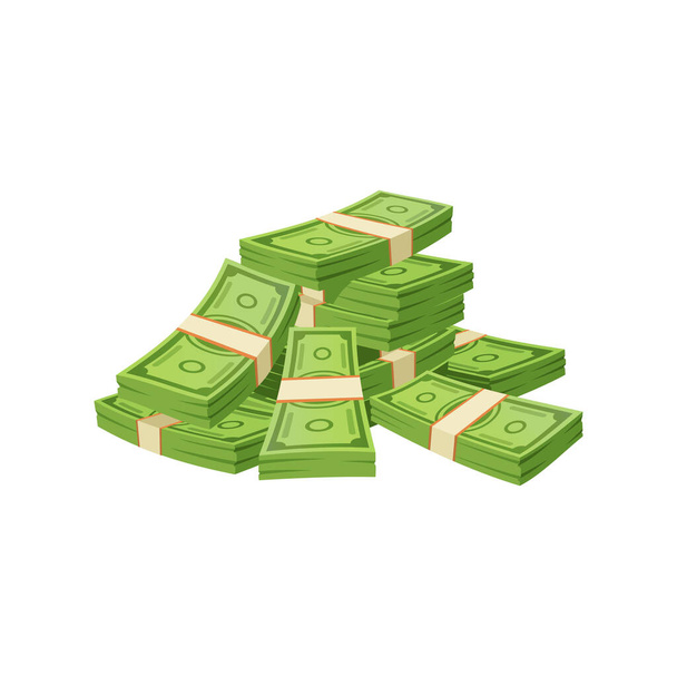 Banknoten aus Cartoon-Papier, Bargeld isoliert Vektor Währung stapeln sich. Stapel grüner Scheine, Gestaltungselement für Bankwechselservice, Casino-Jackpot, Lottogewinn, Ersparnisse, Erfolg, Reichtum - Vektor, Bild