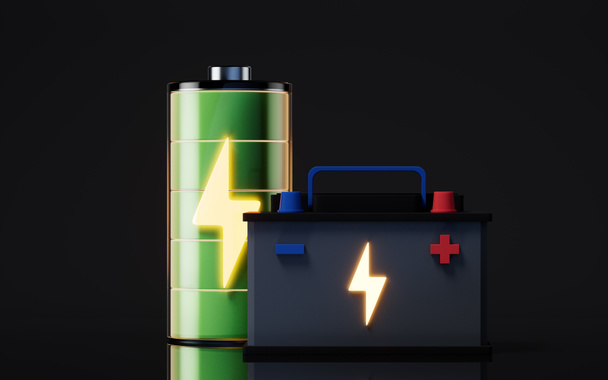 Akkumulator Autobatterie Energie und Strom, 3D-Rendering. Digitale Zeichnung. - Foto, Bild