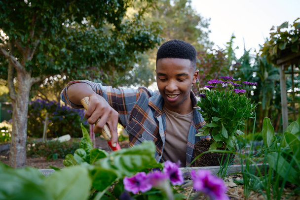 Szczęśliwy młody czarny człowiek w zameldowanej koszuli za pomocą łopaty w flowerbed podczas ogrodnictwa w centrum ogrodu - Zdjęcie, obraz