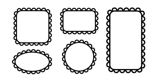 Cirkel en vierkante geschulpte frames. Afgeronde rand rechthoek en ellips vormen. Eenvoudig label- en stickerformulier. Bloem silhouet kant frame. Vector illustratie geïsoleerd op witte achtergrond. - Vector, afbeelding