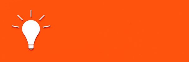 Weiße Glühbirne mit Schatten auf orangefarbenem Hintergrund. Illustration des Symbols der Idee. Horizontalbild. Banner zum Einfügen in die Website. 3D-Bild. 3D-Rendering. - Foto, Bild
