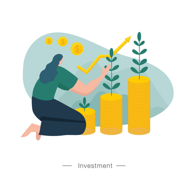 A mulher está a empilhar moedas. Conceito de negócio de crescimento de investimento e finanças. - Vetor, Imagem