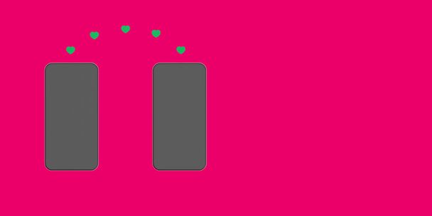 Делиться лайками между друзьями. Два смартфона на красном фоне. Сердца передаются от одного устройства к другому. Общение в социальных сетях. Горизонтальное изображение. 3d image. 3d-рендеринг - Фото, изображение