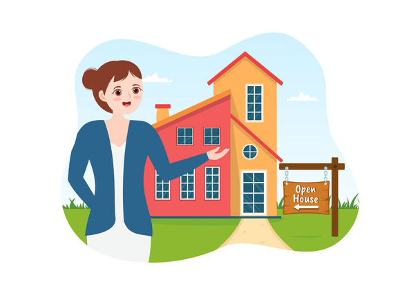 Open Huis voor Inspectie Eigendom Welkom bij Uw Nieuwe Huis Real Estate Service in Flat Cartoon Hand getrokken Templates Illustratie - Vector, afbeelding