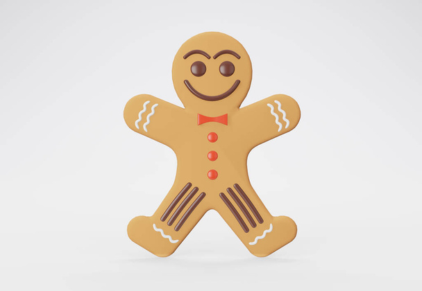 Illustrazione 3d Smiling Gingerbread man su sfondo bianco. Buon Natale e felice anno nuovo. Poster orizzontale nuovo anno, biglietto di auguri e di celebrazione. - Foto, immagini