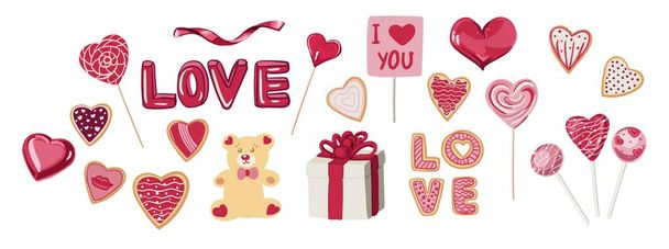 Valentine s Day Set. Heart-shaped lozenges, candy and cookies. The inscription love. Collection of scrapbooking design elements for valentines day, omantic vector icons pack. - Vektor, obrázek