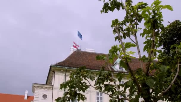 Rakouská a evropská vlajka vlající na vídeňské prezidentské sídlo Hofburgského paláce. Vysoce kvalitní 4K záběry - Záběry, video