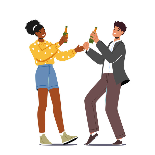 Glückliche Menschen trinken auf Party-Konzept. Büroangestellte oder Freunde freuen sich, fröhliche Firmenangestellte, junge männliche und weibliche Charaktere in lässiger Kleidung tanzen mit Bierflaschen. Zeichentrickvektorillustration - Vektor, Bild