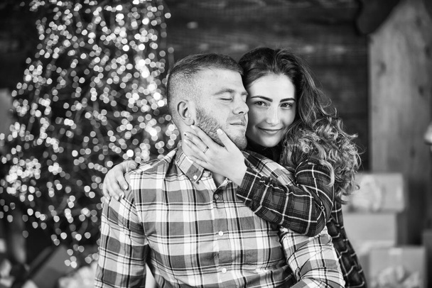 Holiday mood. Happy woman and man. Celebrate new year at home. Spread love. Holiday gift. Couple in love making surprise for each other. True love. Happiness and joy. Best holiday. Christmas time. - Foto, Bild