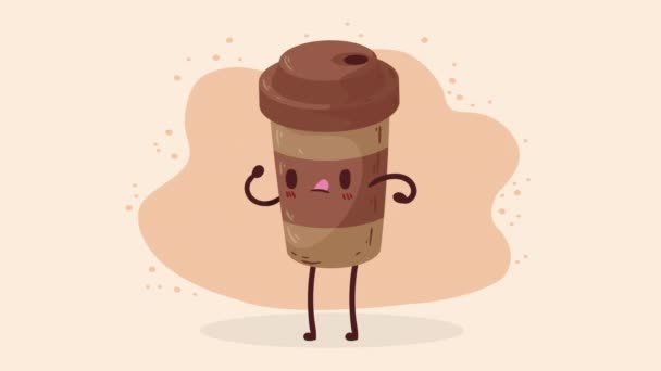 café en llevar pot kawaii carácter, 4k video animado - Metraje, vídeo