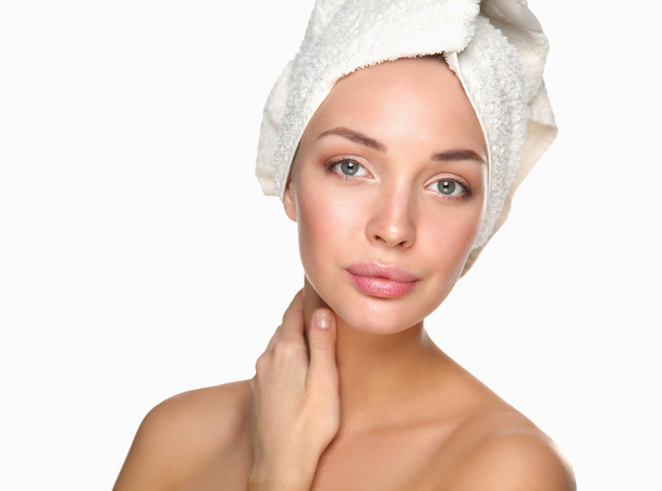 Beautiful woman with a towel on his head isolated - Foto, Imagen