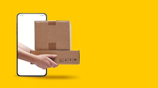 Hands holding cardboard boxes and smartphone with blank screen, express delivery service app concept - Photo, Image