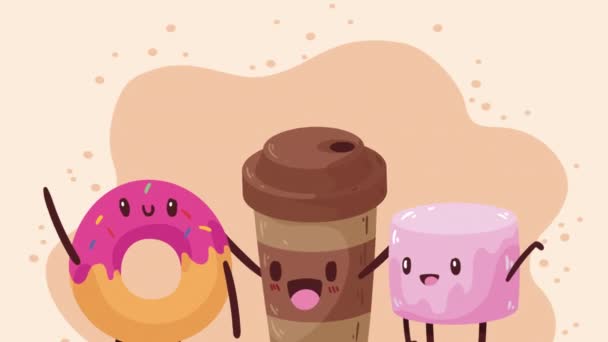 caffè e prodotti dolci personaggi kawaii, 4k video animato - Filmati, video