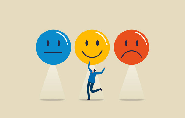 Emotional face choice. Emotional Intelligence or Psychology positive and negative. Young man or businessman chooses a smiley face. Illustration - Photo, Image