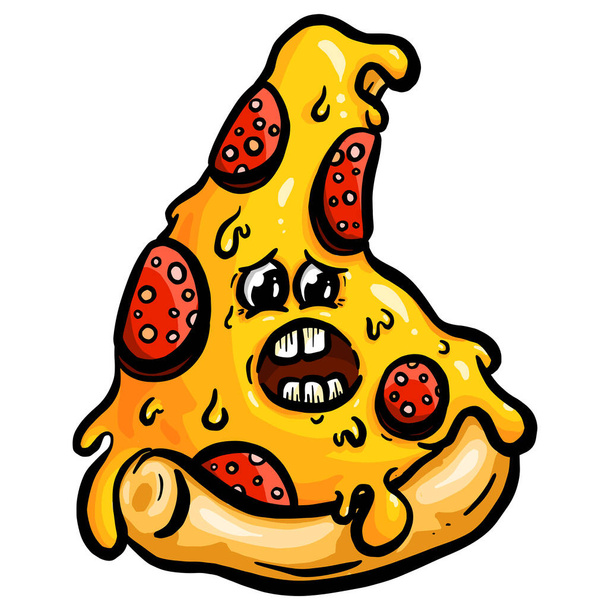Carino cartone animato pizza fetta personaggio con condimenti formaggio in illustrazione vettoriale - Vettoriali, immagini
