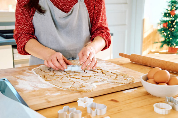 Woman cutting out cookies a shape of christmas gingerbread cookies. Baking homemade pastries from online recipe. Christmas and New Year traditions festive food. - Photo, Image
