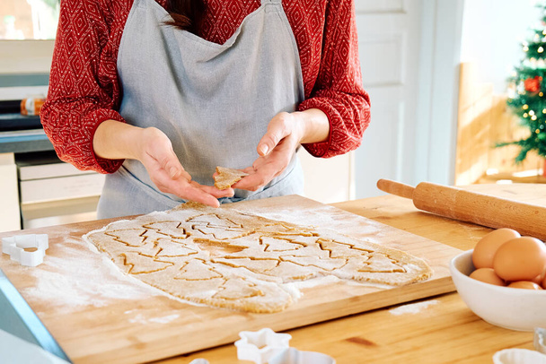 Naisen kädet laittaa keksejä muoto joulun piparkakkuja uunissa paperille. Leipoa kotitekoisia leivonnaisia. Joulu ja uudenvuoden perinteet juhla ruoka. - Valokuva, kuva