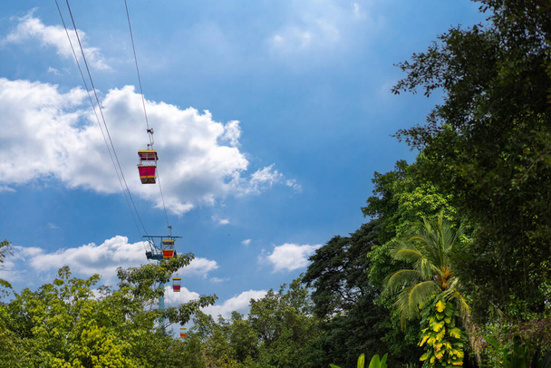červená lanovka se vznáší na závěsu pro přepravu návštěvníky a cestujícími, kteří přišli tento tematický park a rozhlédněte se po okolí nad vysokým výhledem. - Fotografie, Obrázek