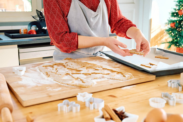 Woman's hands putting cookies a shape of christmas gingerbread on oven paper. Baking homemade pastries. Christmas and New Year traditions festive food. - Photo, Image
