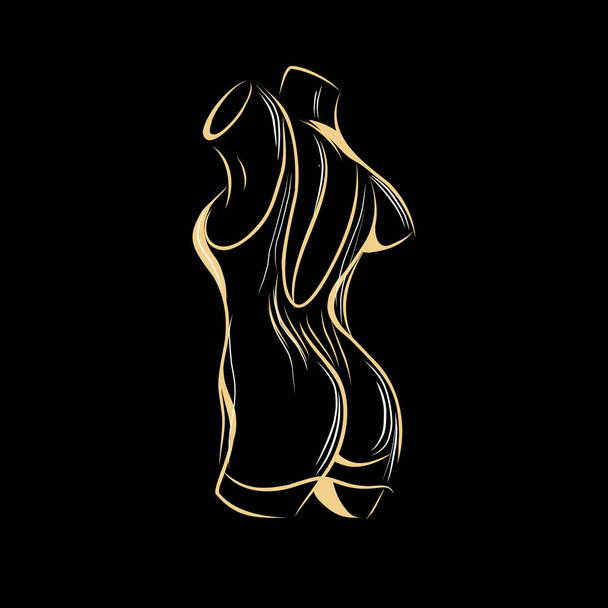 female body silhouette on black background. linear sketch for a tattoo. - Wektor, obraz