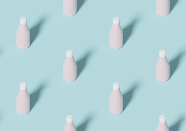 Płynny wzór różowej butelki na zielonym tle, renderowanie 3D - Zdjęcie, obraz