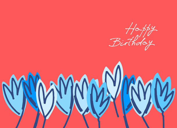 Happy Birthday greeting card design with floral decoration, snowdrops on pink background. Hand-lettered greeting phrase - Vector, Image
